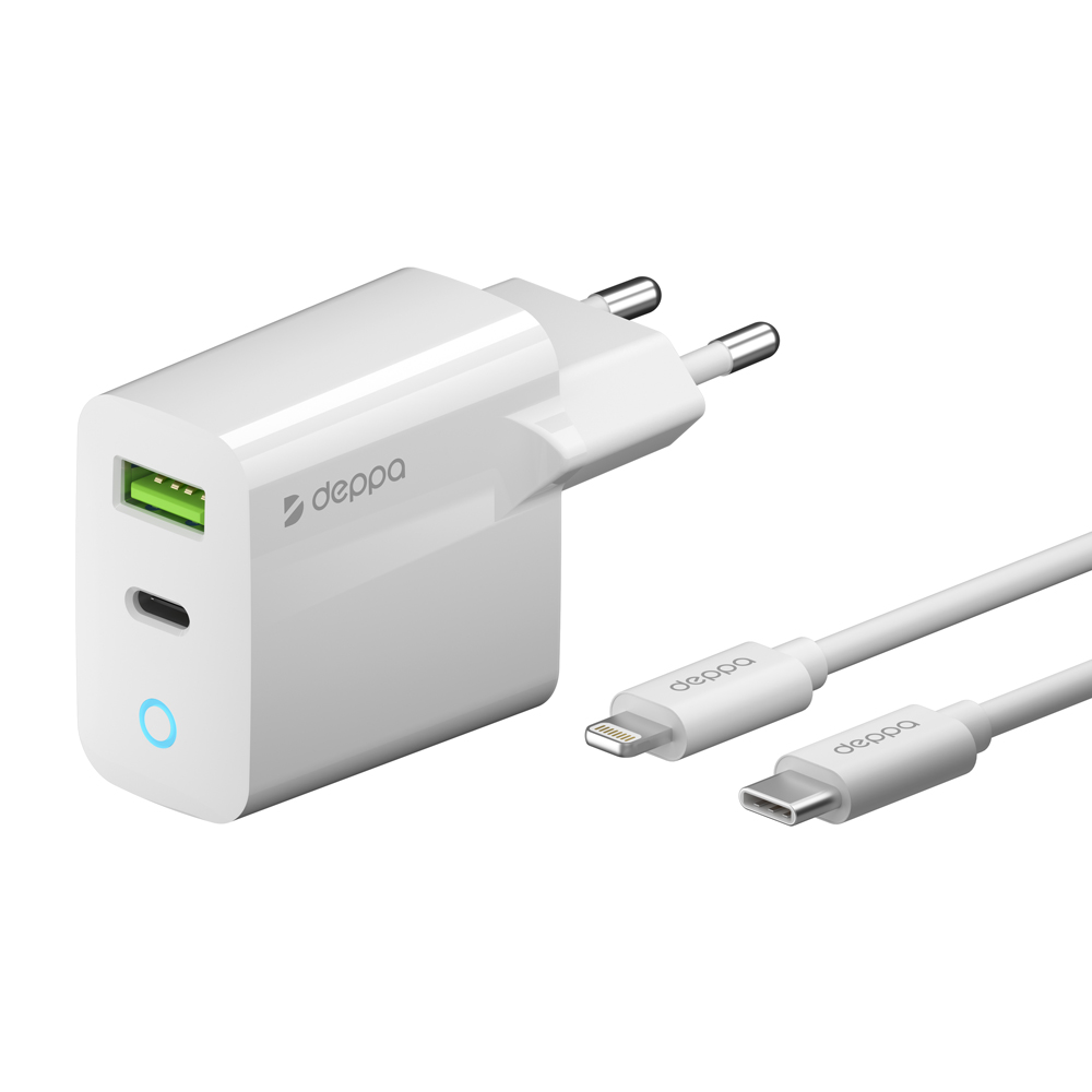 Сетевое зарядное устройство Deppa USB-A/USB-C + кабель USB-C – Lightning MFI, 20W, белый
