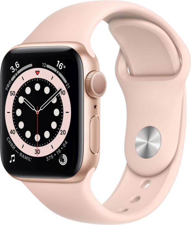 Apple Watch Series 6, 40 мм, корпус из алюминия золотого цвета, спортивный ремешок цвета «розовый песок» (MG123)