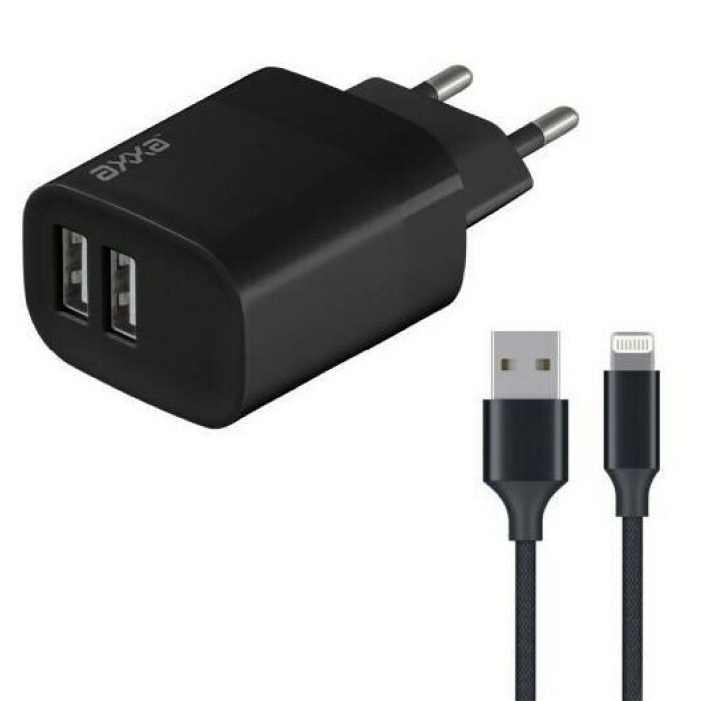 Сетевое зарядное устройство Axxa 2 USB 2.4А, дата-кабель Lightning 1m, черный