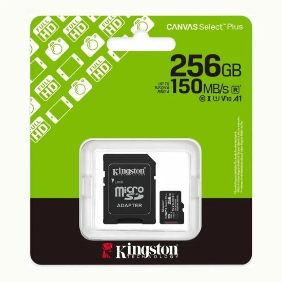 Карта памяти MicroSDXC 256GB Kingston Class 10 Canvas Select Plus A1 U1 V10  (150 Mb/s) + SD адаптер