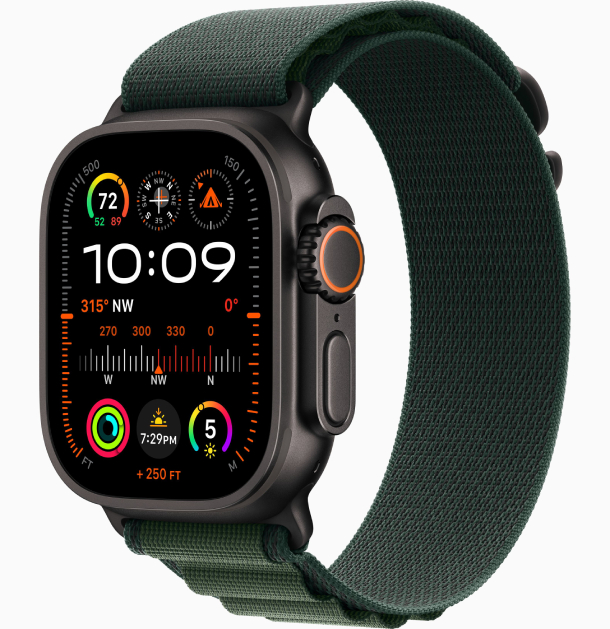 Apple Watch Ultra 2 (2024) GPS, 49 мм, корпус из черного титана, ремешок Alpine зеленого (MX4T3) L