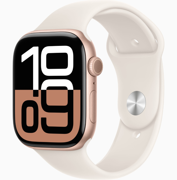 Apple Watch Series 10 GPS 46 мм, корпус из алюминия цвета «розовое золото», спортивный ремешок цвета «румянец» S/M (MWWT3) - Б/У