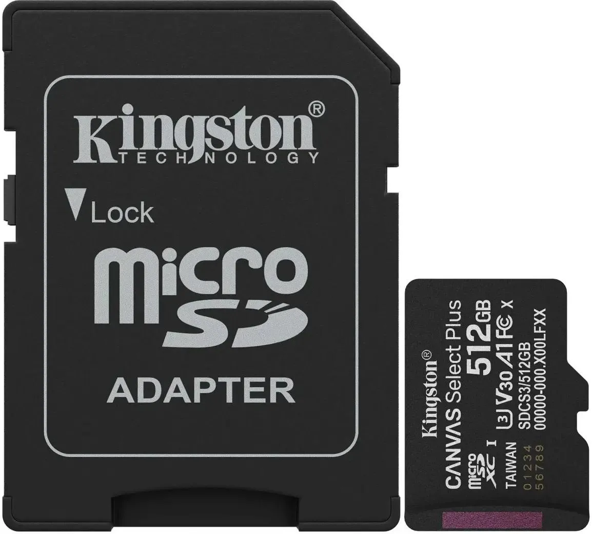 Карта памяти MicroSDXC 512GB Kingston Class 10 Canvas Select Plus A1 U3 V30  (150 Mb/s) + SD адаптер