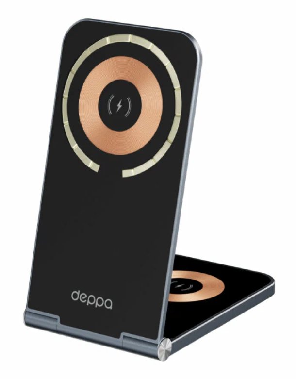 Беспроводная зарядная станция Deppa 2 в 1 MagSafe Crystal Slim QI складная, черная