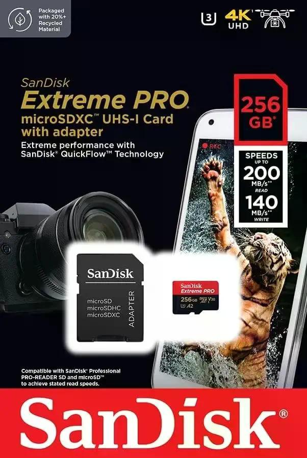 Карта памяти MicroSDXC 256GB SanDisk Class 10 Extreme Pro A2 V30 UHS-I U3 (200 Mb/s) + SD адаптер