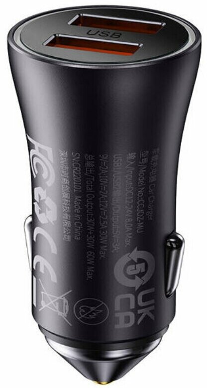 Автомобильное зарядное устройство Baseus Golden Contactor Max Dual USB-A/USB-C, 60W, черный