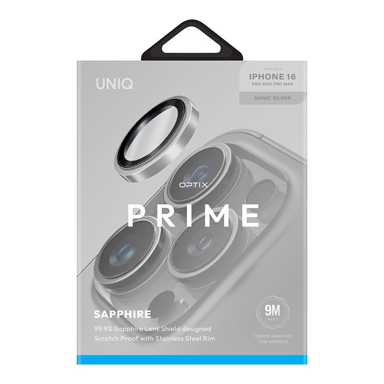 Сапфировое стекло на камеру Uniq OPTIX PRIME для iPhone 16 Pro/16 Pro Max, Серебро