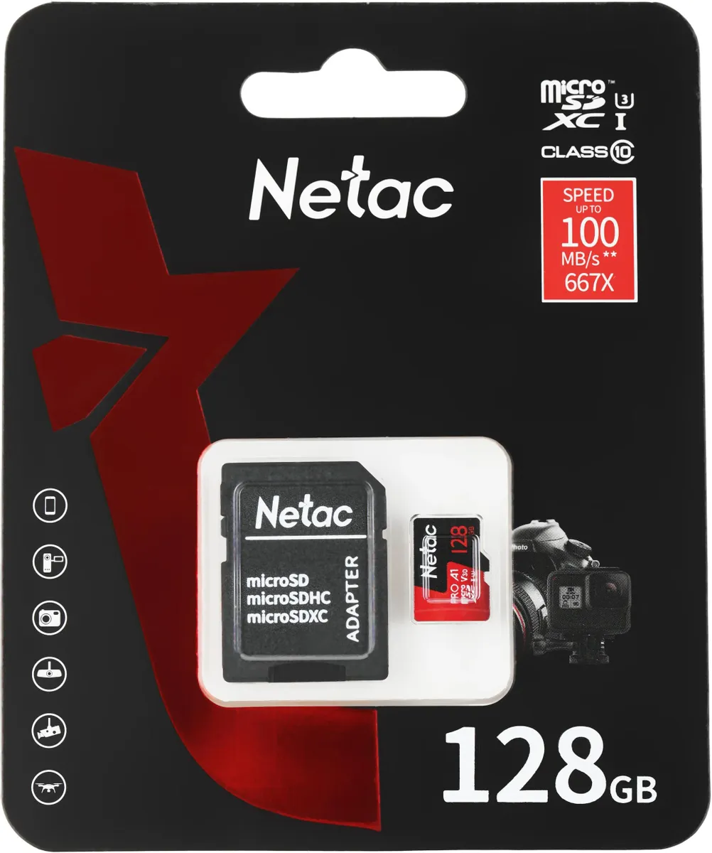 Карта памяти MicroSD 128GB Netac P500 Extreme Pro Class 10 UHS-I A1 V30 (100 Mb/s) + SD адаптер