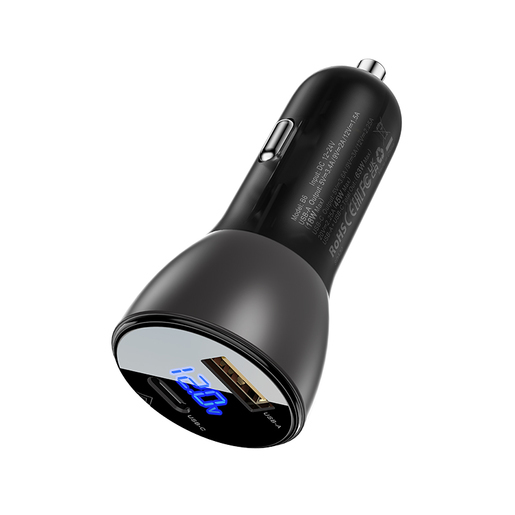 Автомобильное зарядное устройство Acefast B6 metal car charger 63W (USB-A+USB-C) with digital display, Black