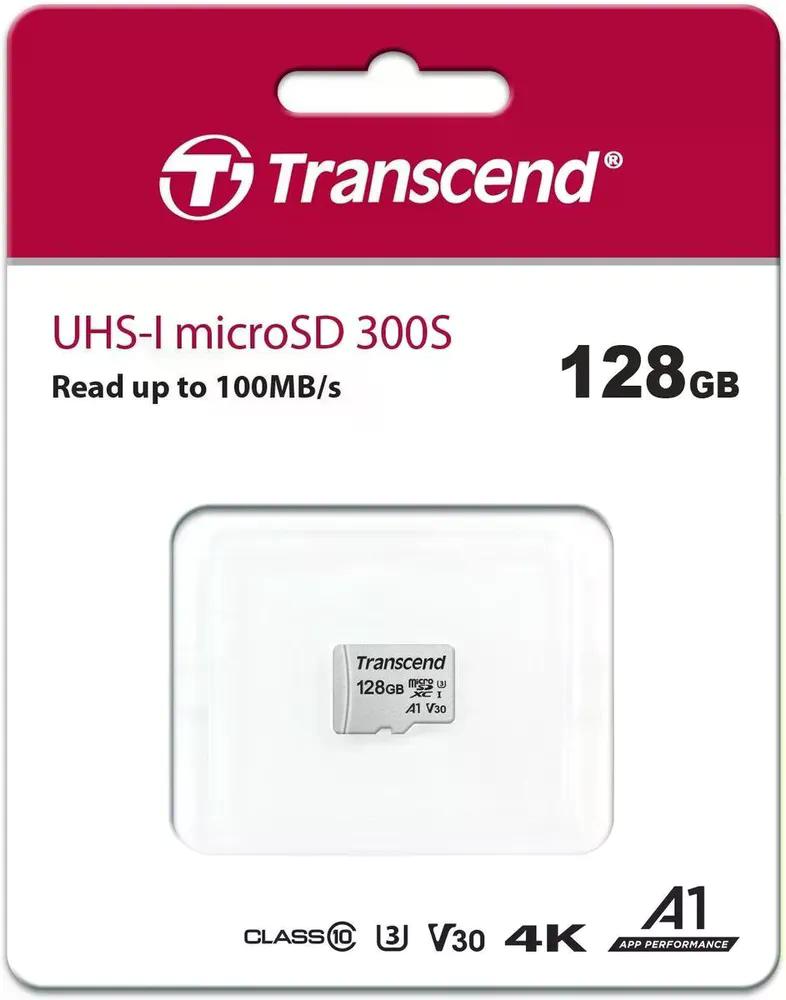 Карта памяти MicroSD 128GB Transcend 300S UHS-I U3 + SD адаптер