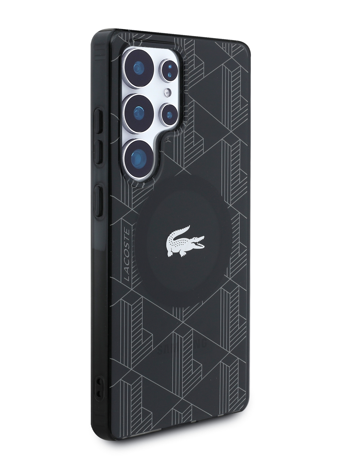 Чехол Lacoste для Galaxy S25 Ultra PC/TPU Double layer Silver Croc logo Hard Black (MagSafe)