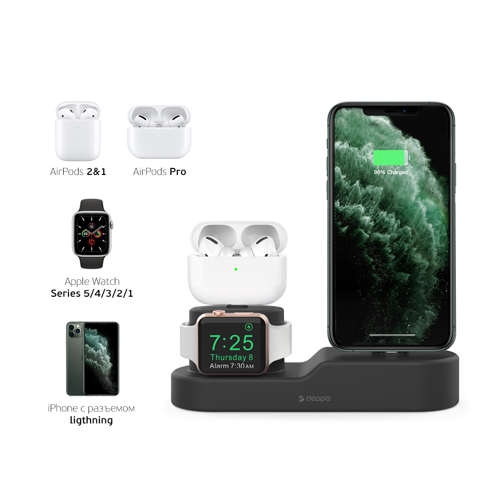 Подставка Deppa для зарядки 3 в 1: iPhone, AirPods, Apple Watch, серый
