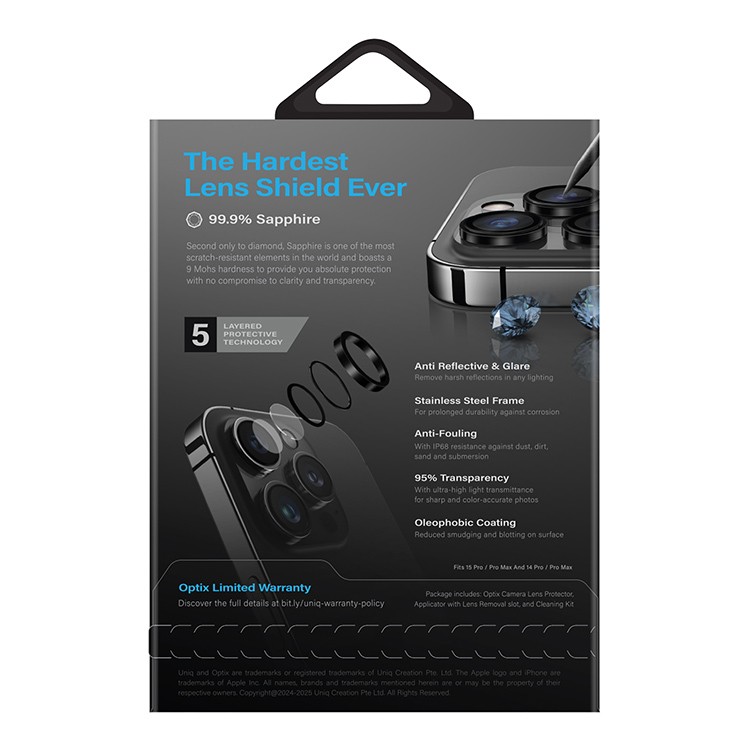 Сапфировое стекло на камеру Uniq OPTIX PRIME для iPhone 16 Pro/16 Pro Max, Серебро