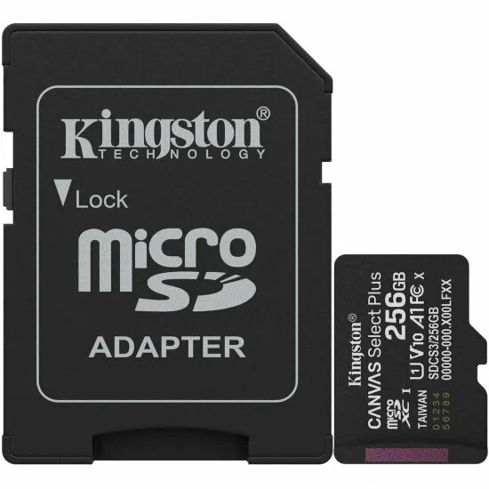 Карта памяти MicroSDXC 256GB Kingston Class 10 Canvas Select Plus A1 U1 V10  (150 Mb/s) + SD адаптер