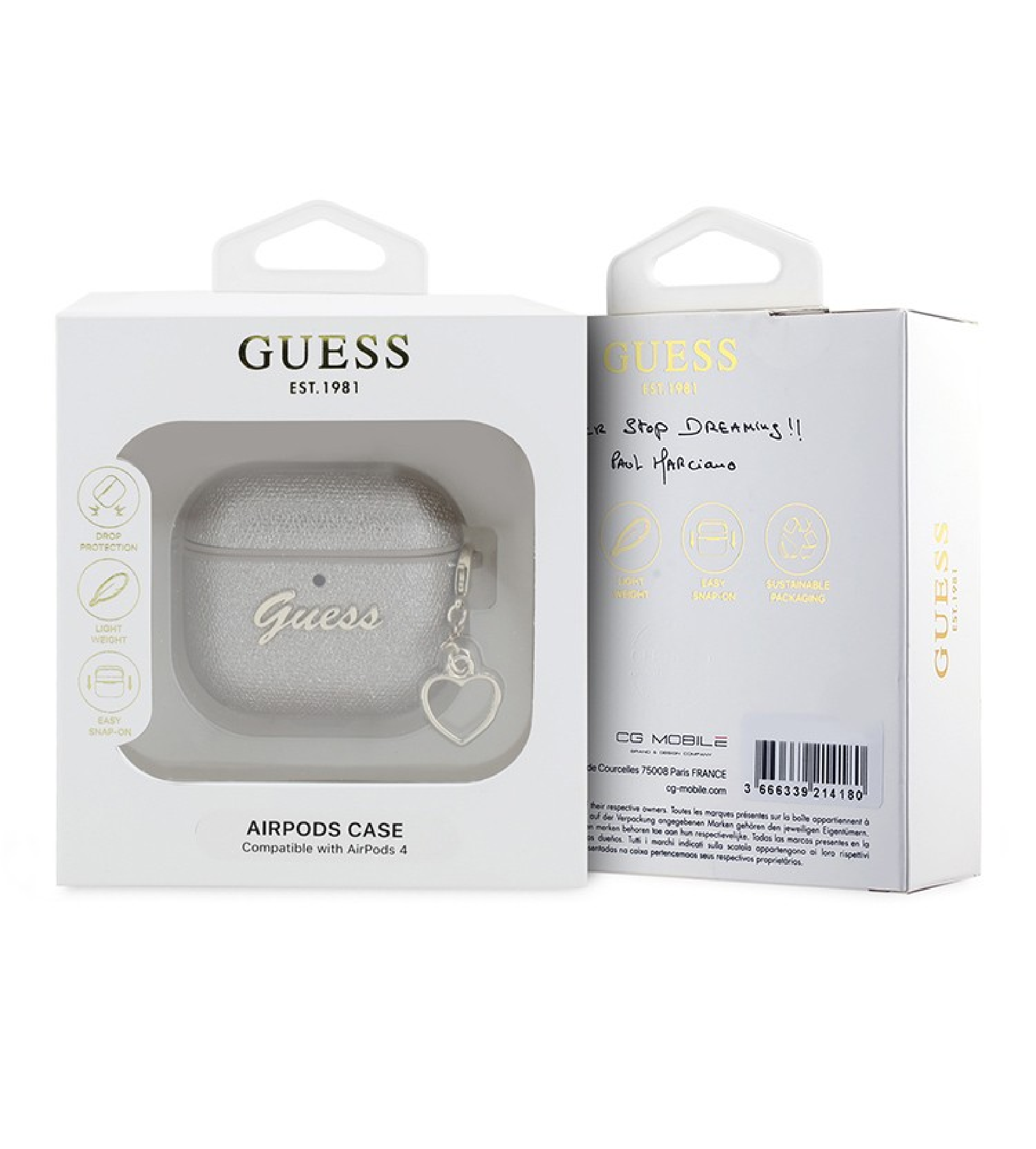 Чехол Guess для Airpods 4 PU leather with Script metal logo and Heart charm Gold
