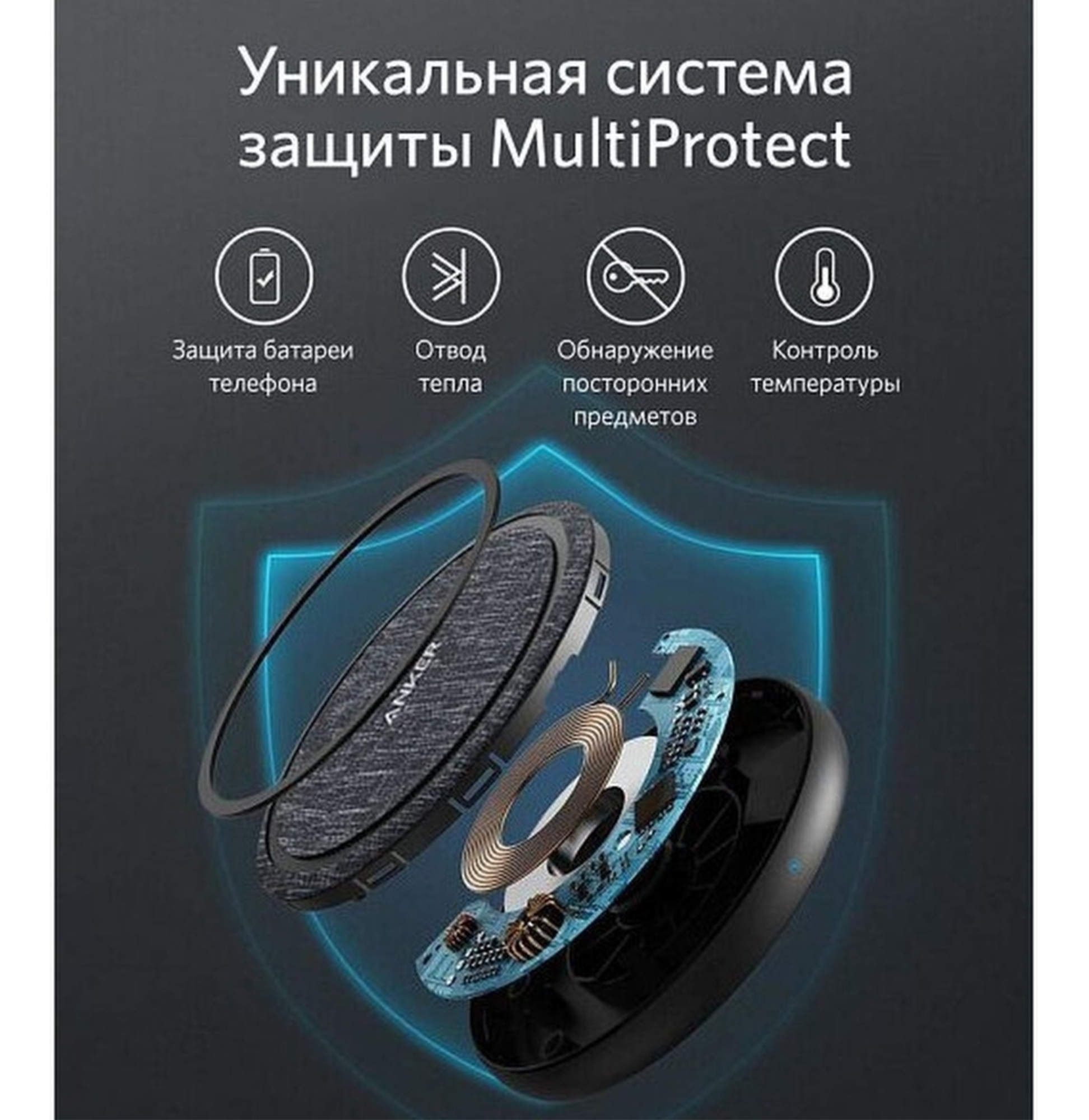 Беспроводное зарядное устройство Anker PowerWave II Pad, 15W, черный/серый Беспроводное зарядное устройство Anker PowerWave II Pad, 15W, черный/серый